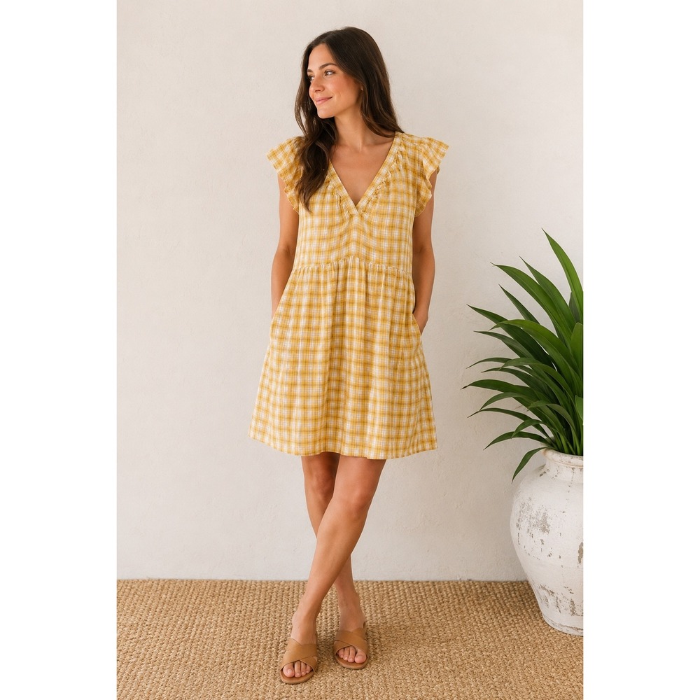 Old Navy Plaid Babydoll Dress Womens S Yellow Flutter Gingham Prairie Cottage - Picture 1 of 8
